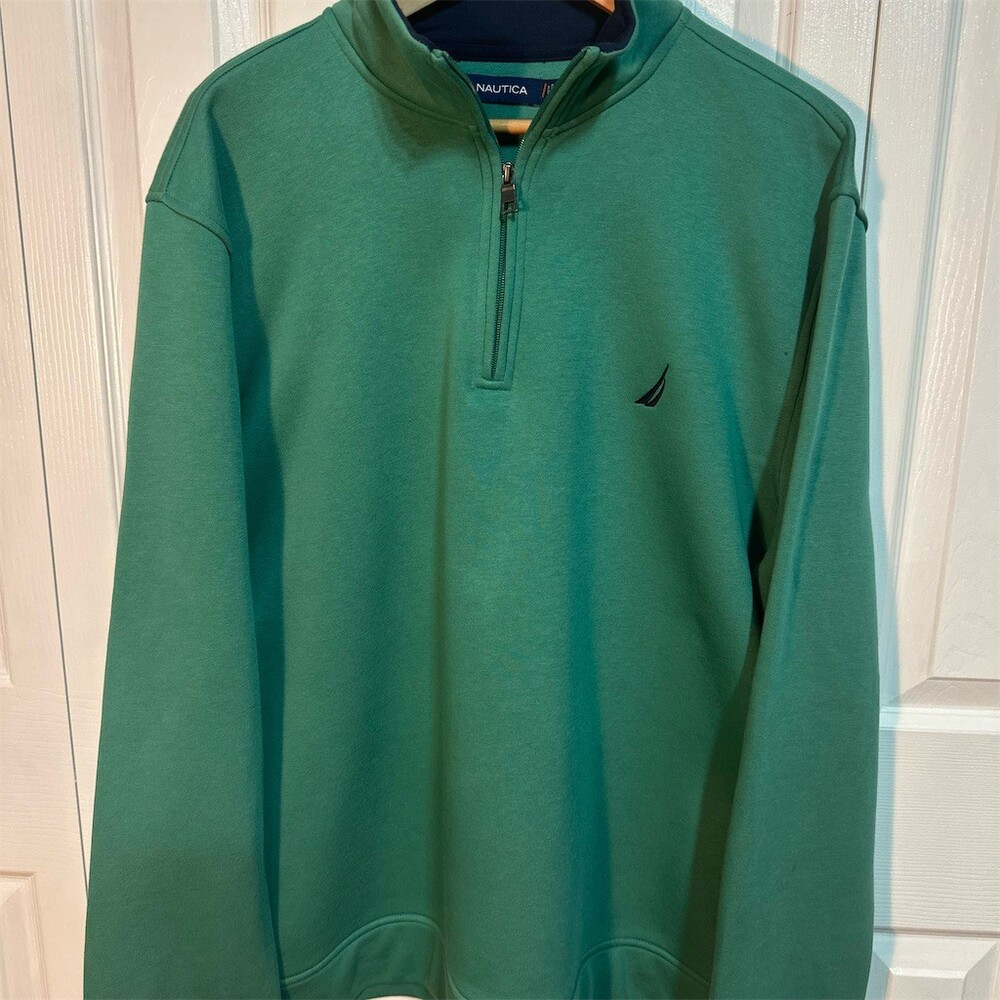 Nautica Mens Quarter-Zip Pullover Fleece Sweatshirt Green Size XL Logo